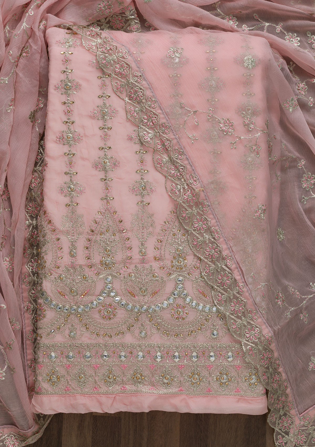 Baby Pink Stonework Semi Crepe Unstitched Salwar Suit-Koskii