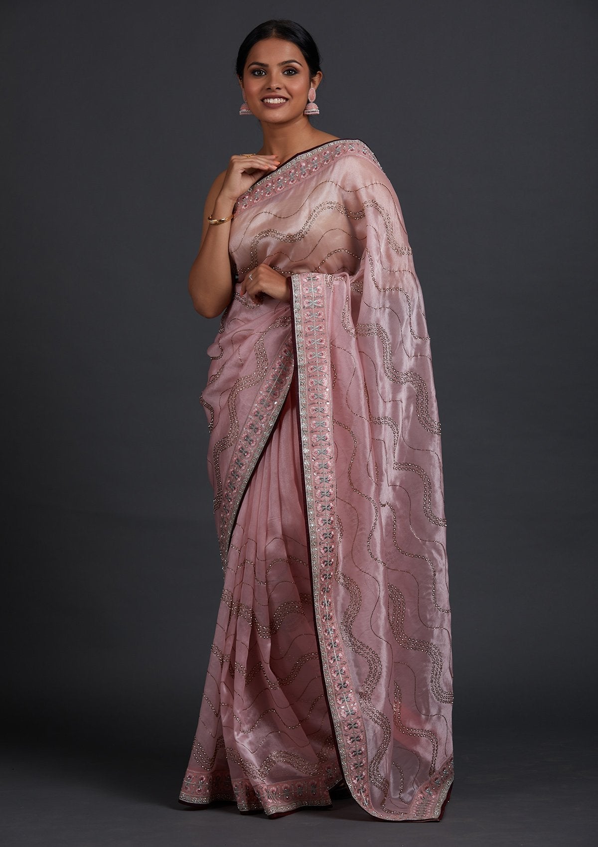 Baby Pink Stonework Tissue Designer Saree - Koskii