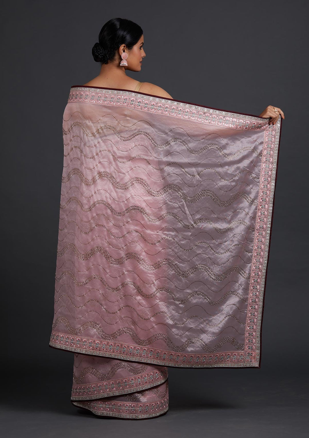 Baby Pink Stonework Tissue Designer Saree - Koskii