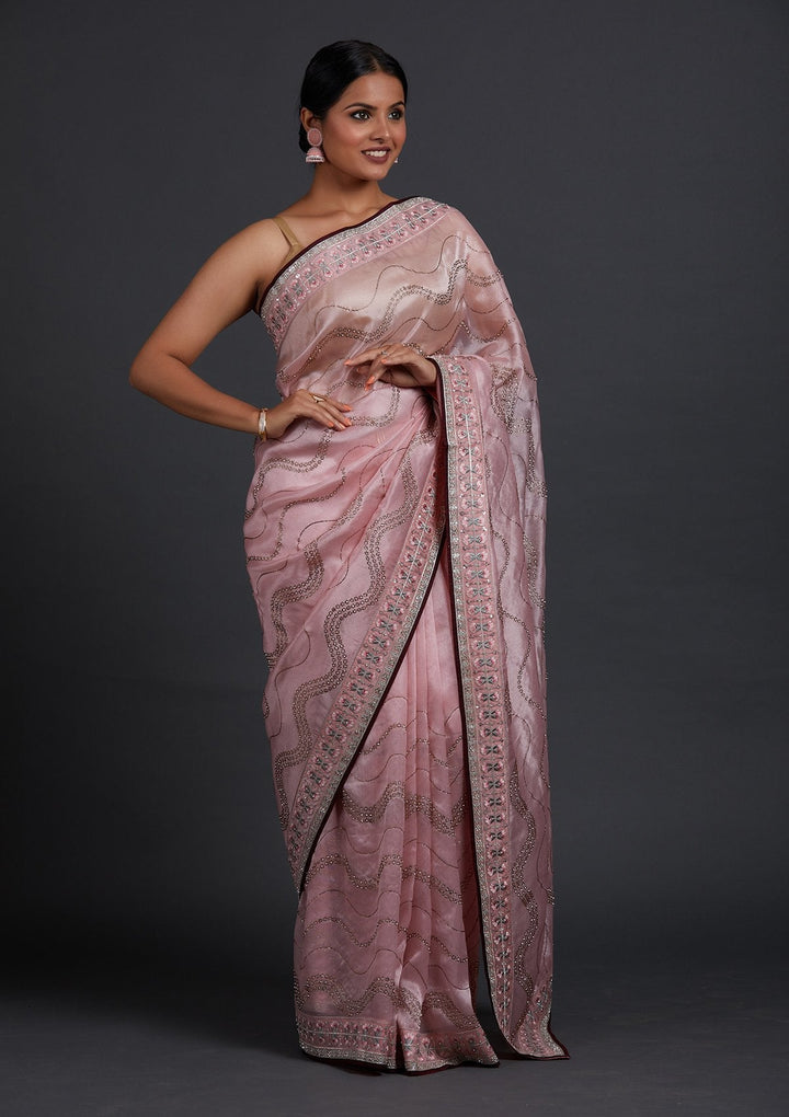 Baby Pink Stonework Tissue Designer Saree - Koskii