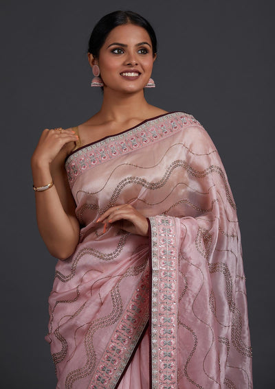 Baby Pink Stonework Tissue Designer Saree - Koskii