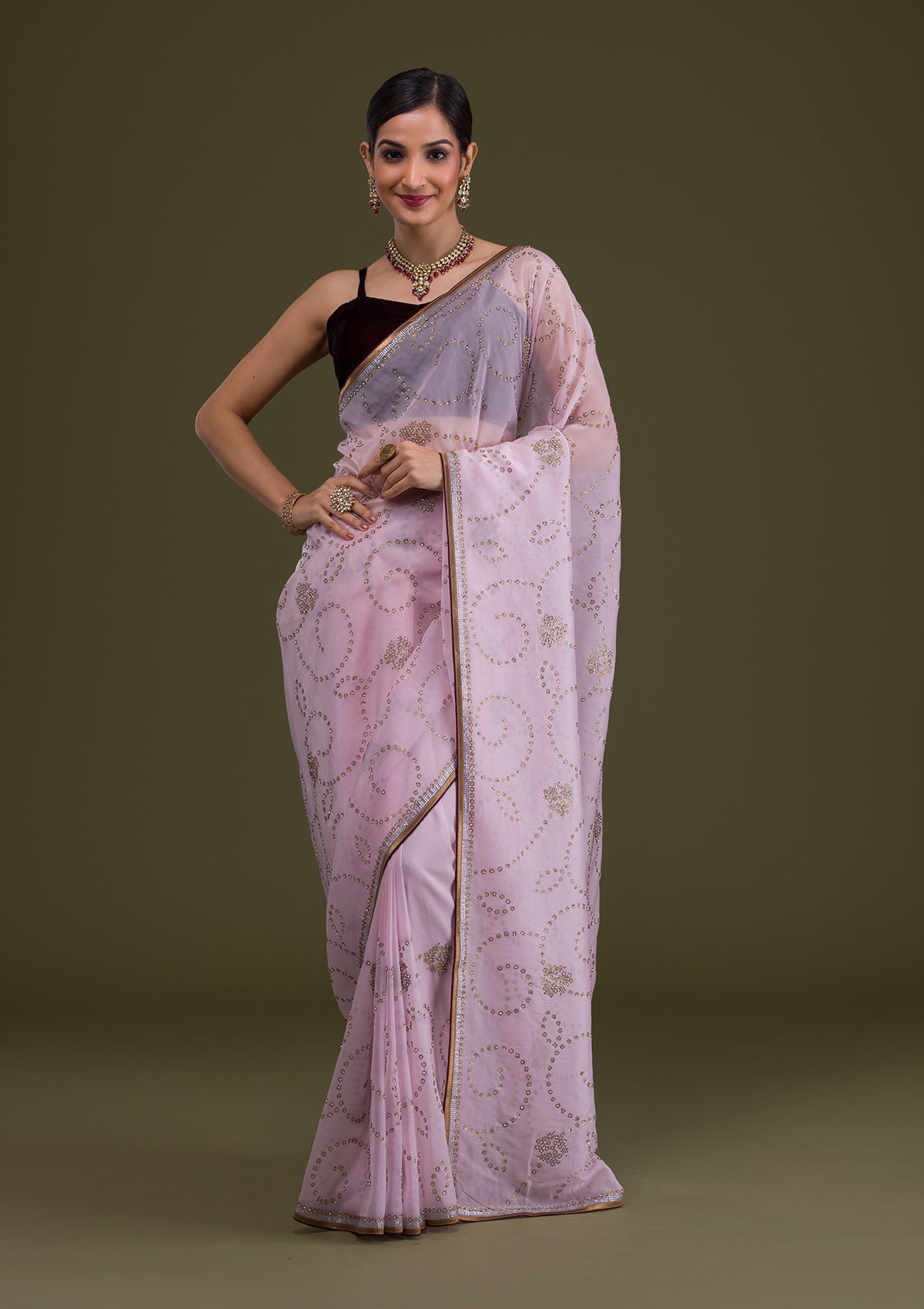 Baby Pink Stonework Tissue Saree-Koskii