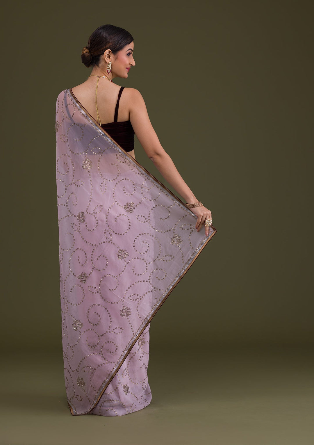 Baby Pink Stonework Tissue Saree-Koskii