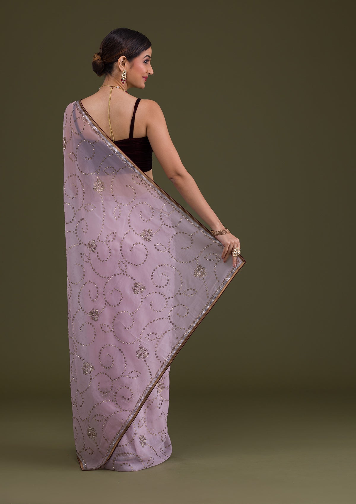 Baby Pink Stonework Tissue Saree-Koskii