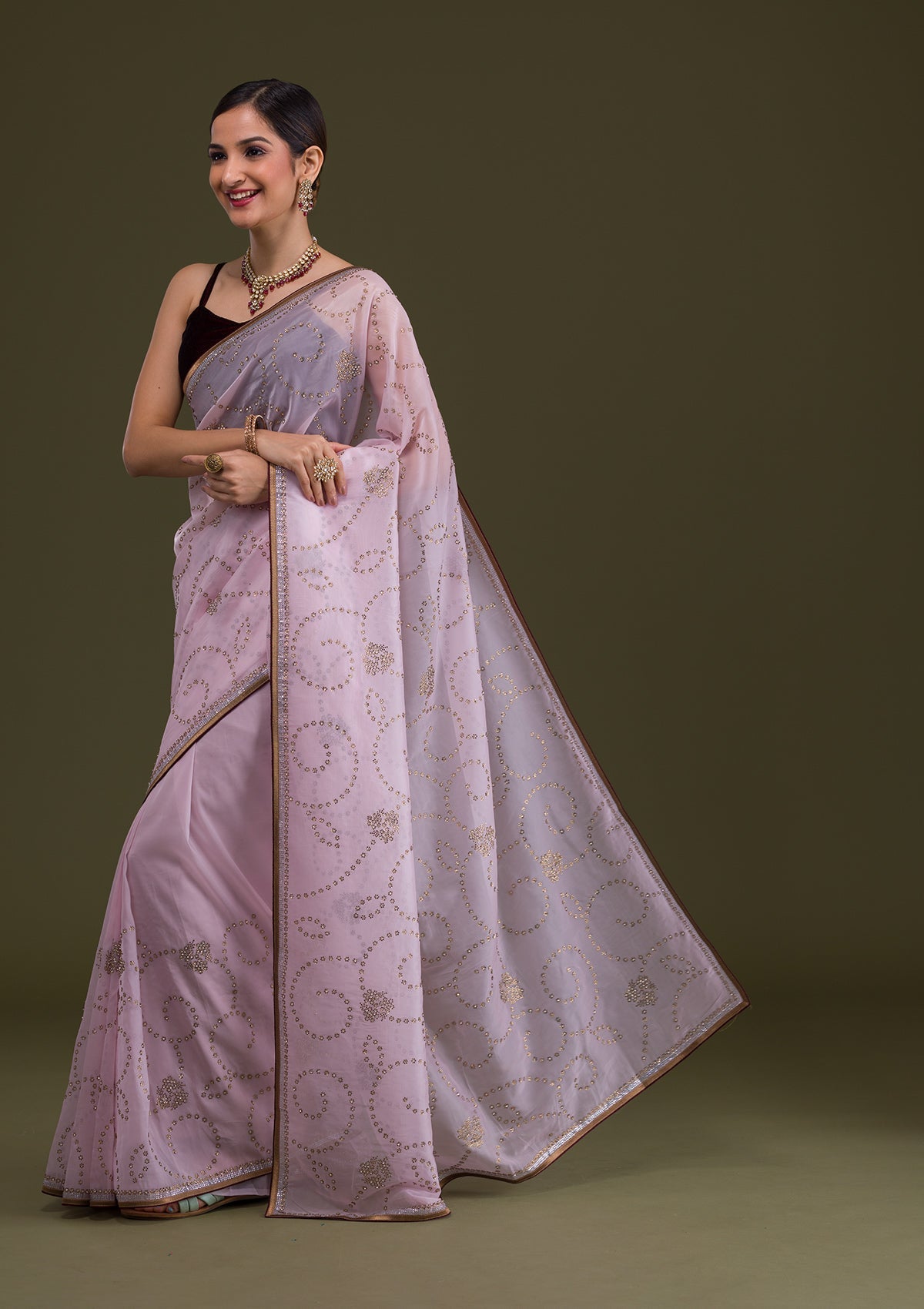 Baby Pink Stonework Tissue Saree-Koskii