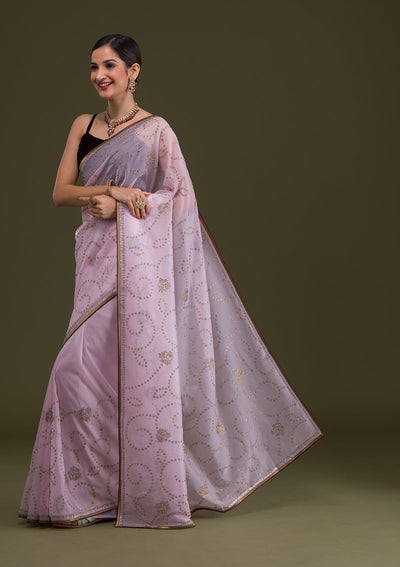 Baby Pink Stonework Tissue Saree-Koskii