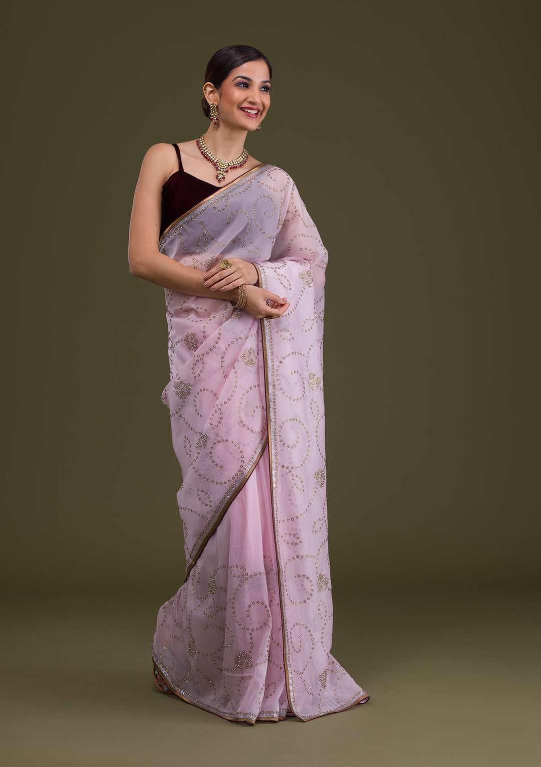 Baby Pink Stonework Tissue Saree-Koskii