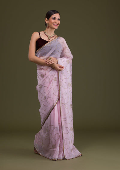 Baby Pink Stonework Tissue Saree-Koskii