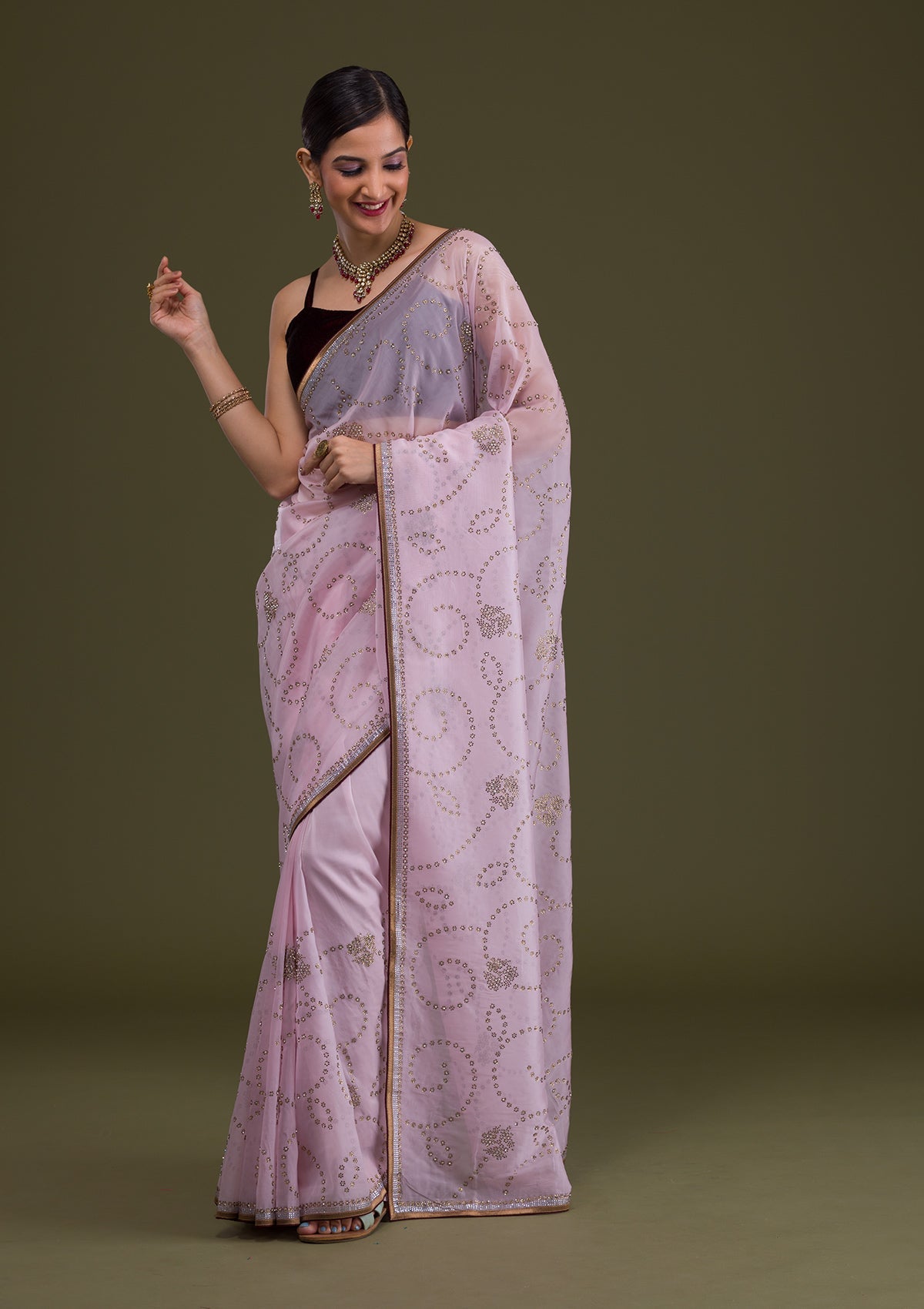 Baby Pink Stonework Tissue Saree-Koskii