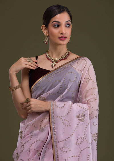 Baby Pink Stonework Tissue Saree-Koskii