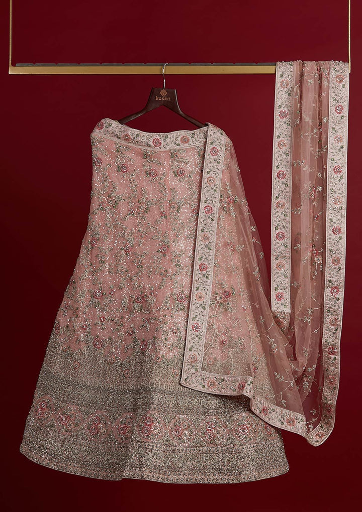 Baby Pink Stonework Velvet Designer Semi-Stitched Lehenga - koskii