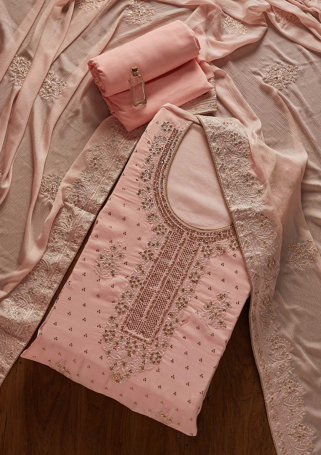 Baby Pink Swarovski Semi Crepe Designer Unstitched Salwar Suit - koskii