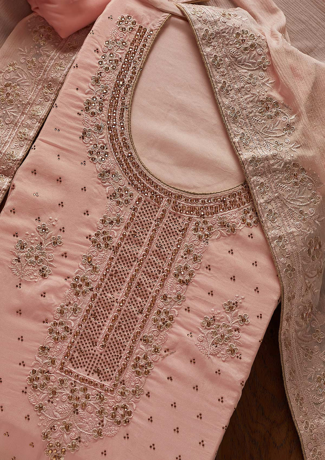 Baby Pink Swarovski Semi Crepe Designer Unstitched Salwar Suit - koskii