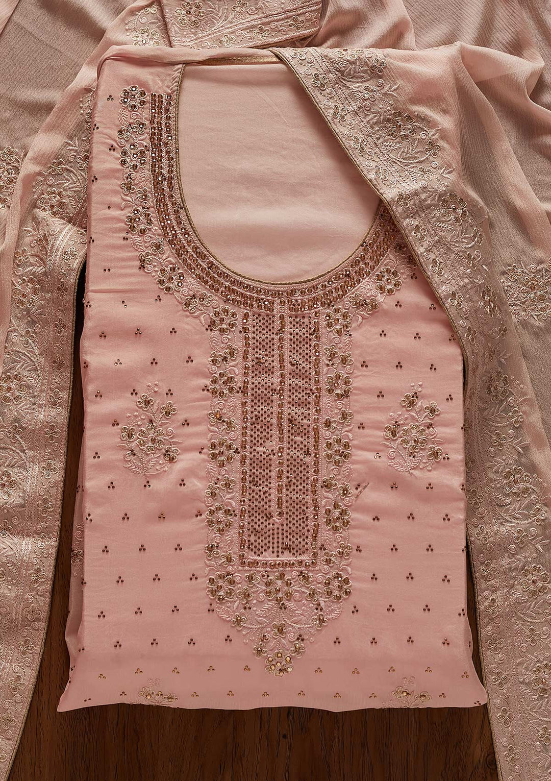 Baby Pink Swarovski Semi Crepe Designer Unstitched Salwar Suit - koskii