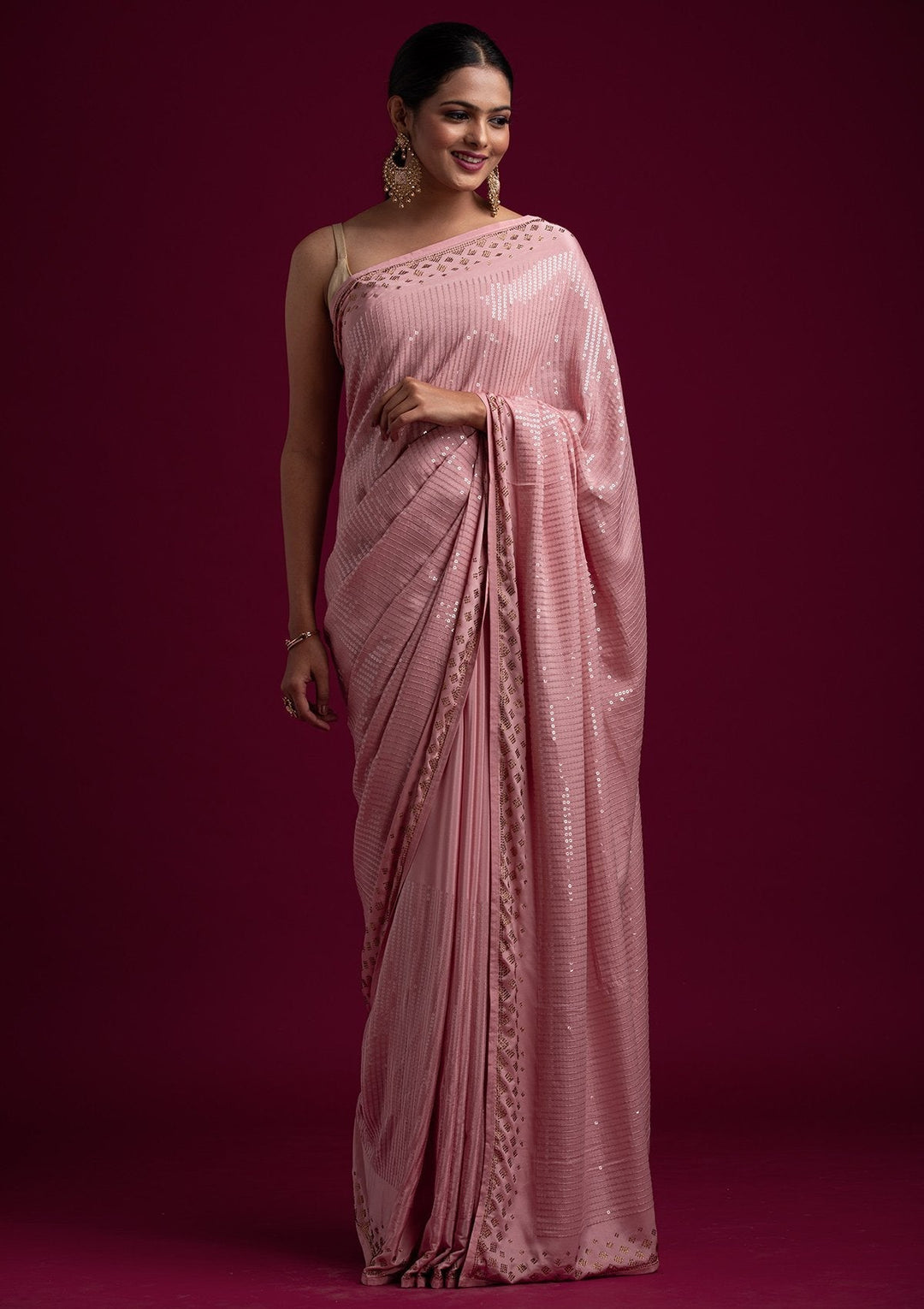 Baby Pink Swarovski Semi Crepe Designer Saree - koskii