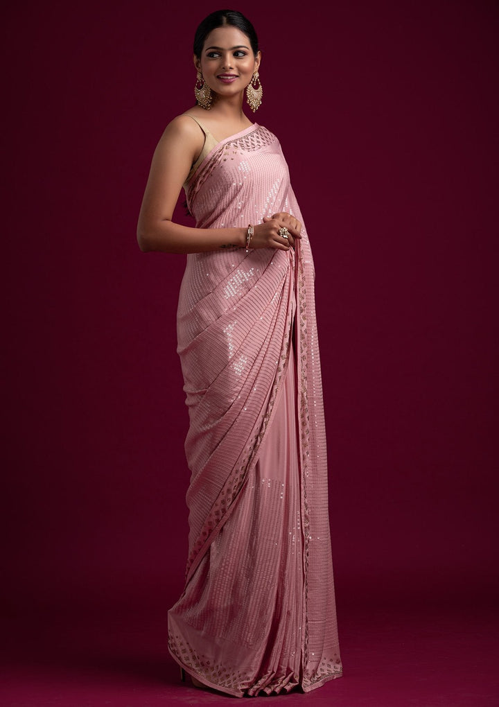 Baby Pink Swarovski Semi Crepe Designer Saree - koskii