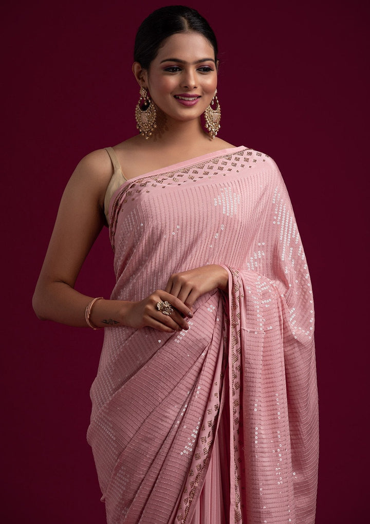 Baby Pink Swarovski Semi Crepe Designer Saree - koskii