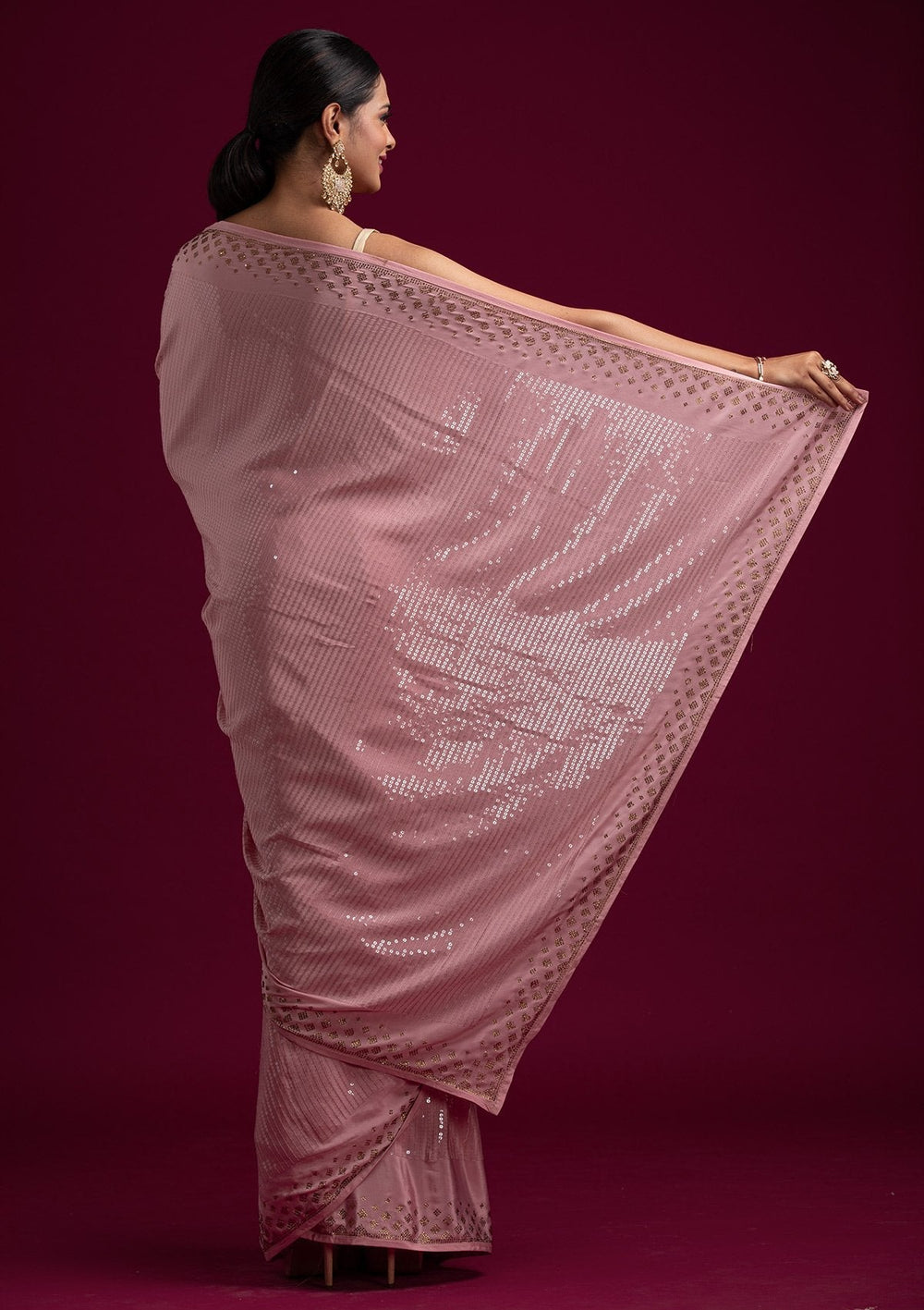 Baby Pink Swarovski Semi Crepe Designer Saree - koskii