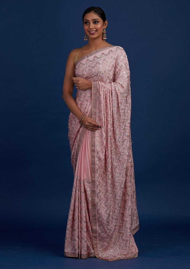 Baby Pink Swarovski Semi Crepe Designer Saree - Koskii