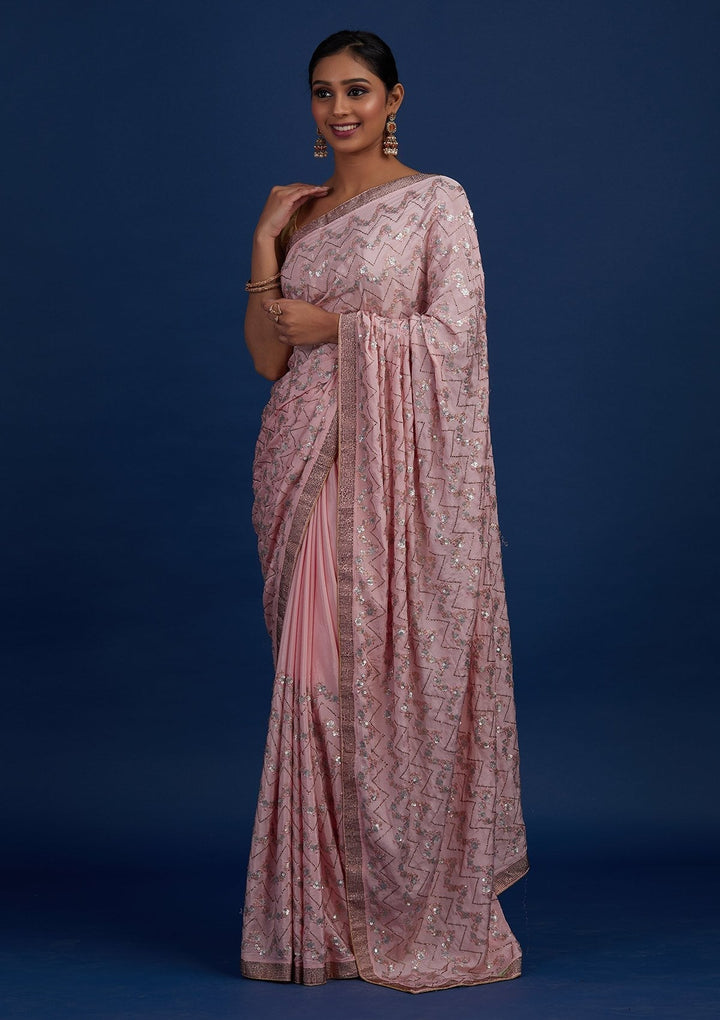 Baby Pink Swarovski Semi Crepe Designer Saree - Koskii