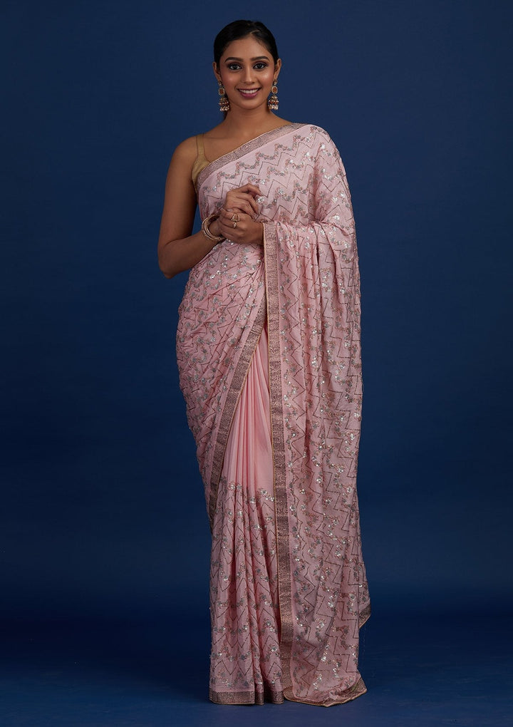 Baby Pink Swarovski Semi Crepe Designer Saree - Koskii