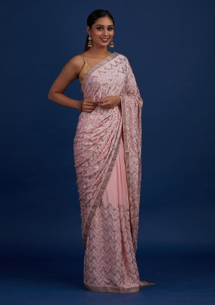 Baby Pink Swarovski Semi Crepe Designer Saree - Koskii