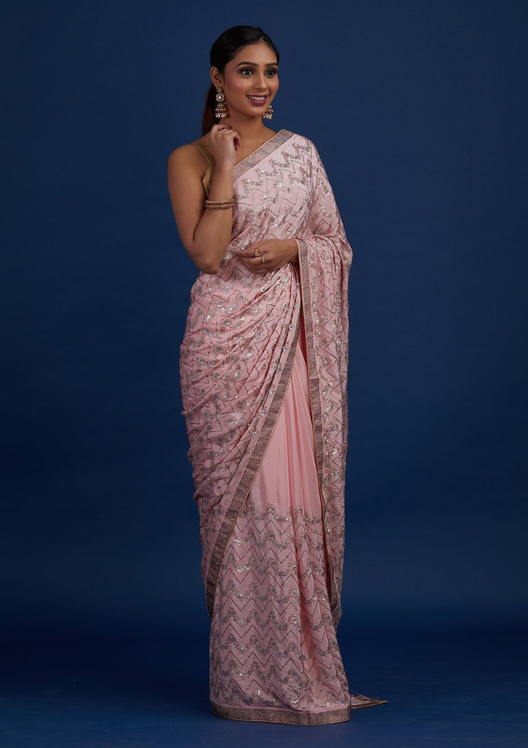 Baby Pink Swarovski Semi Crepe Designer Saree - Koskii