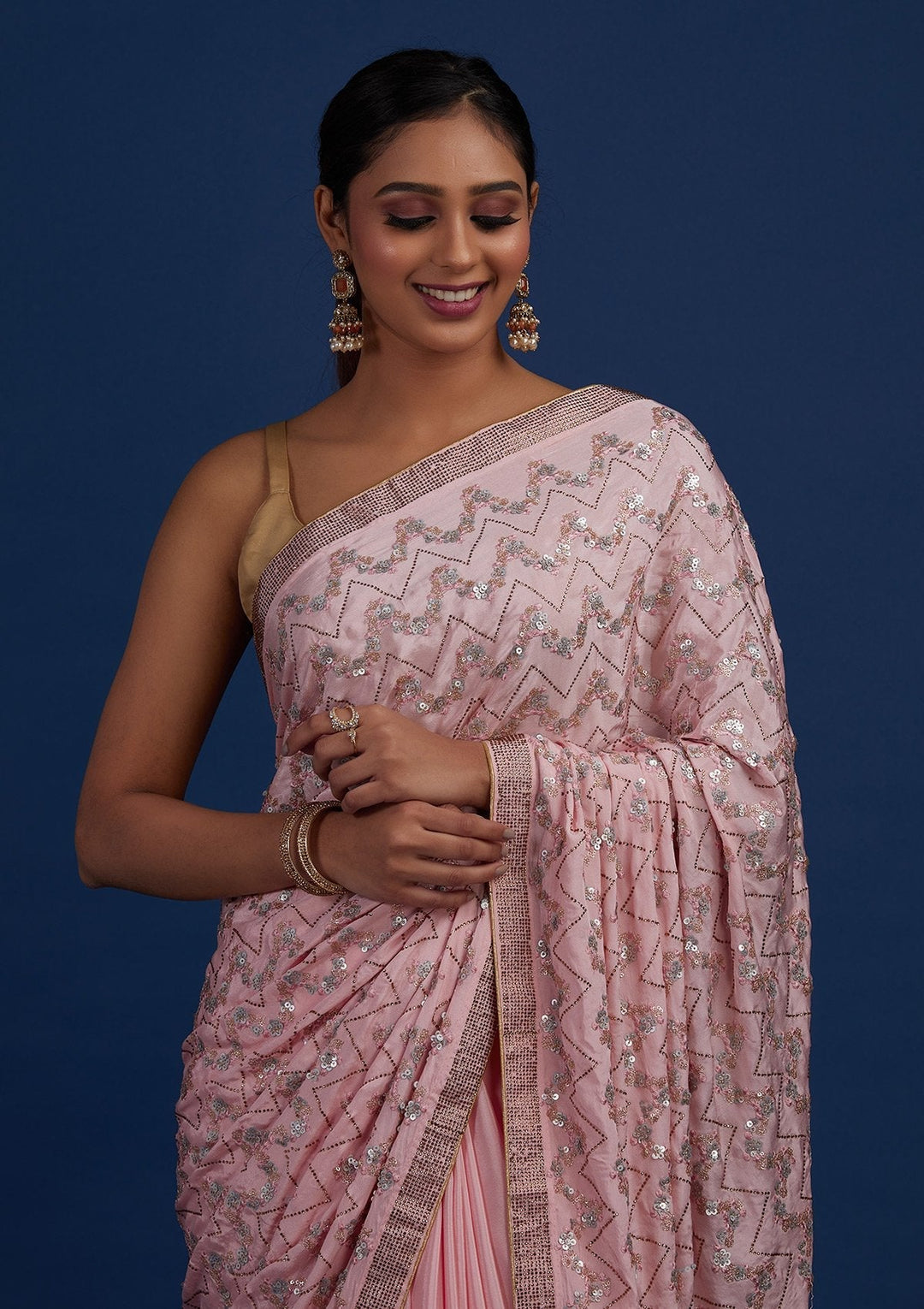 Baby Pink Swarovski Semi Crepe Designer Saree - Koskii
