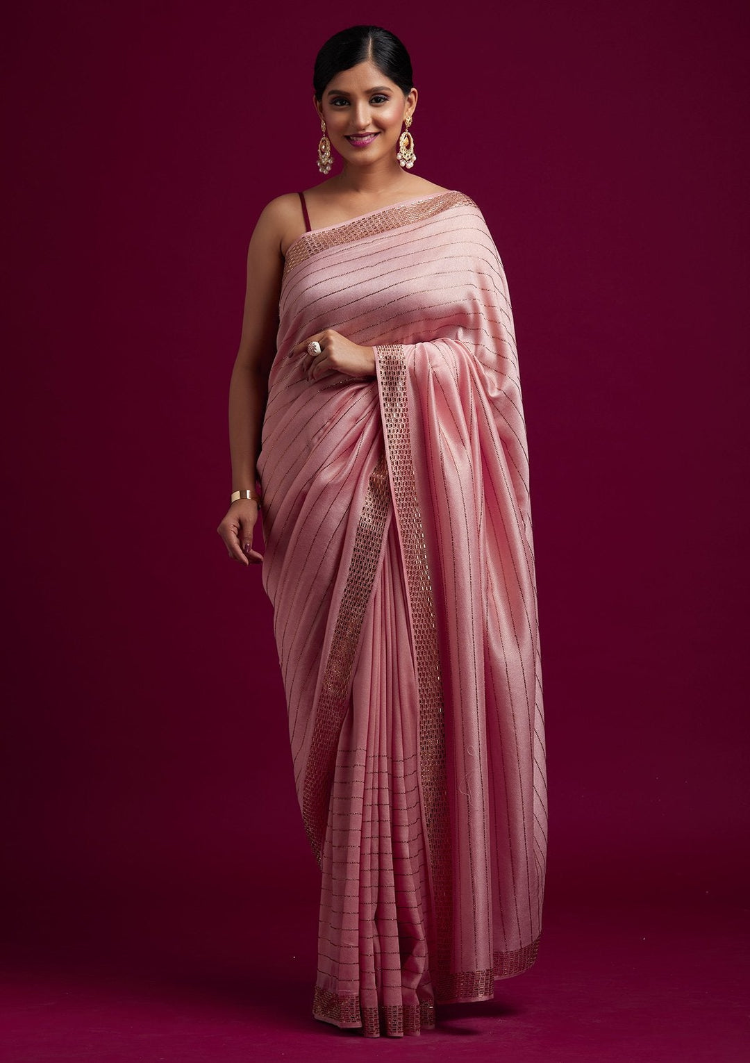 Baby Pink Swarovski Shimmer Designer Saree - koskii