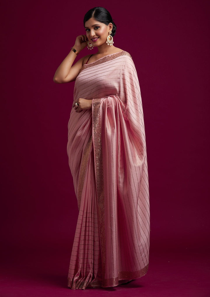 Baby Pink Swarovski Shimmer Designer Saree - koskii