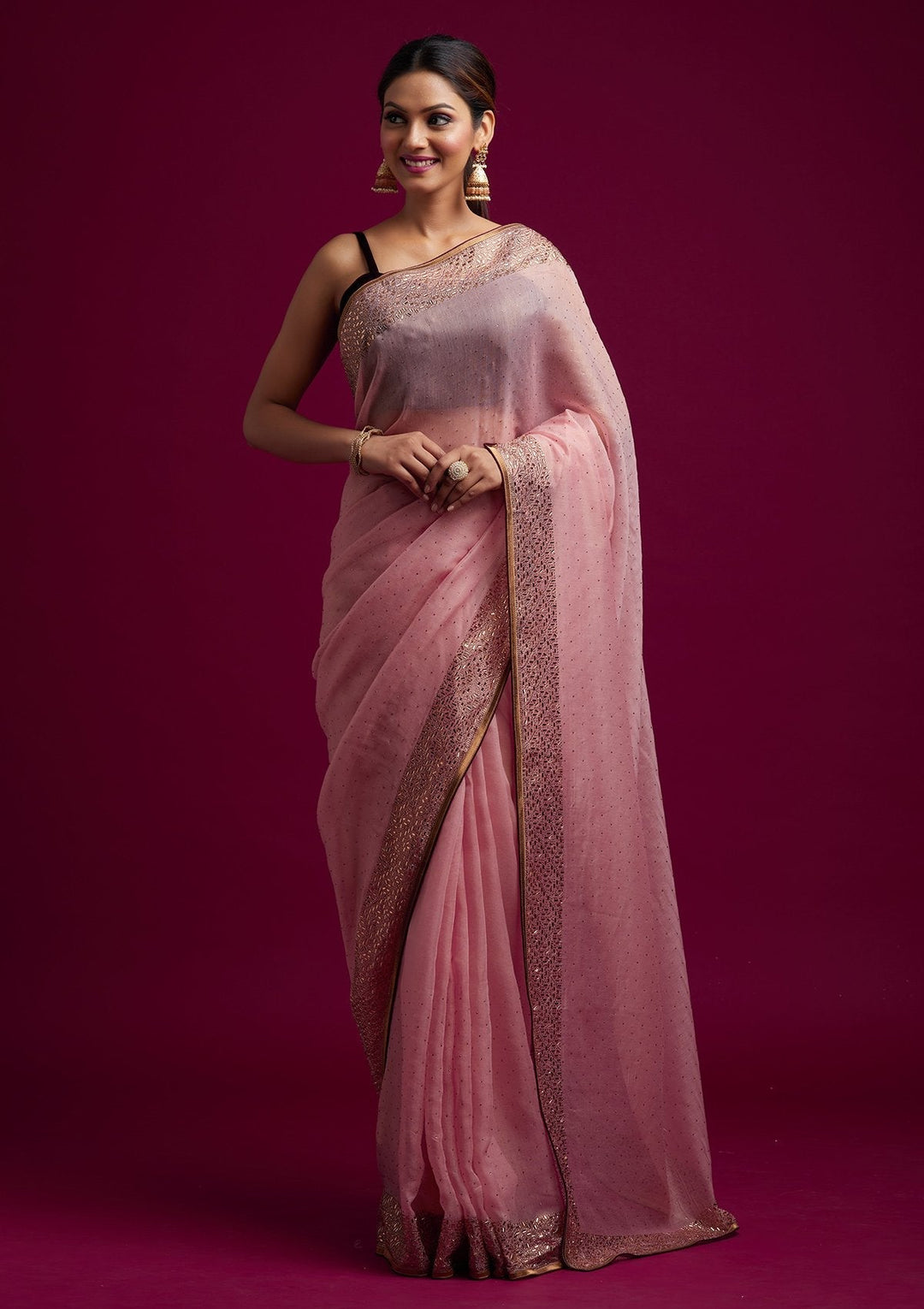 Baby Pink Swarovski Tissue Designer Saree - koskii