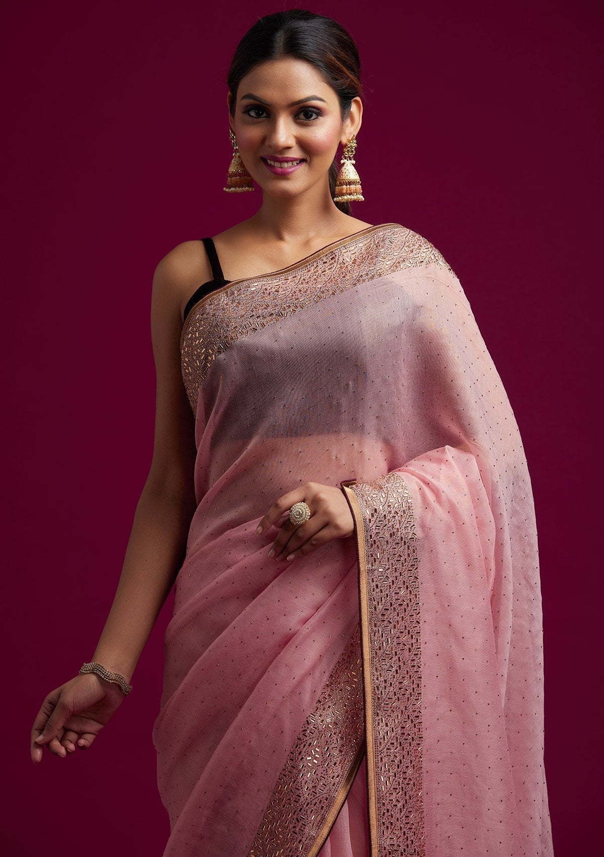 Baby Pink Swarovski Tissue Designer Saree - koskii