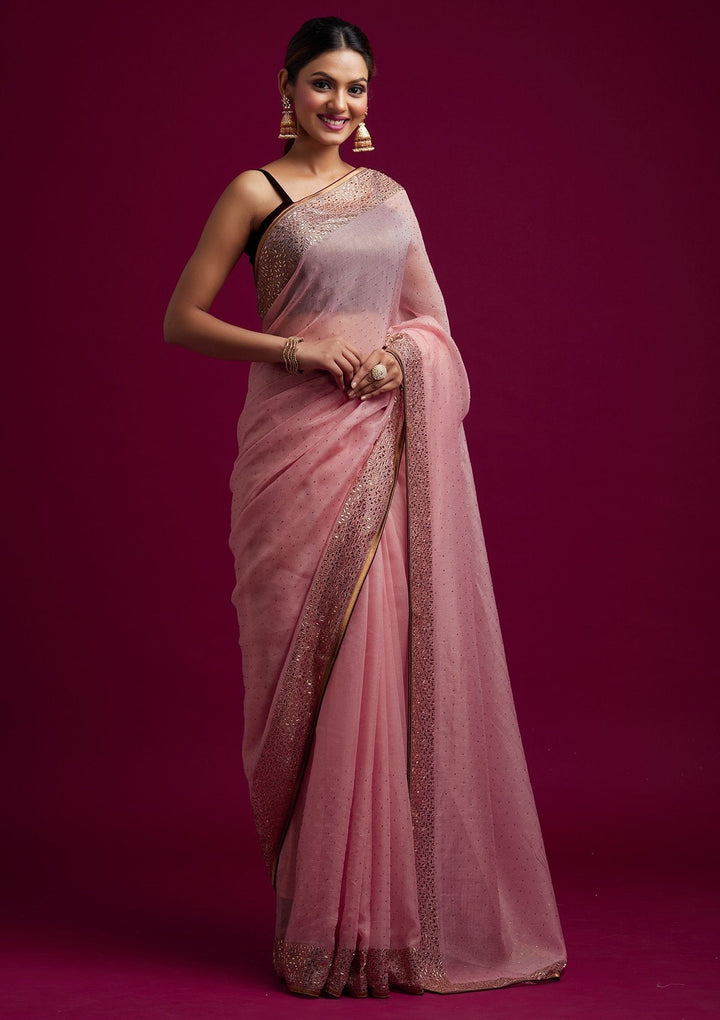 Baby Pink Swarovski Tissue Designer Saree - koskii
