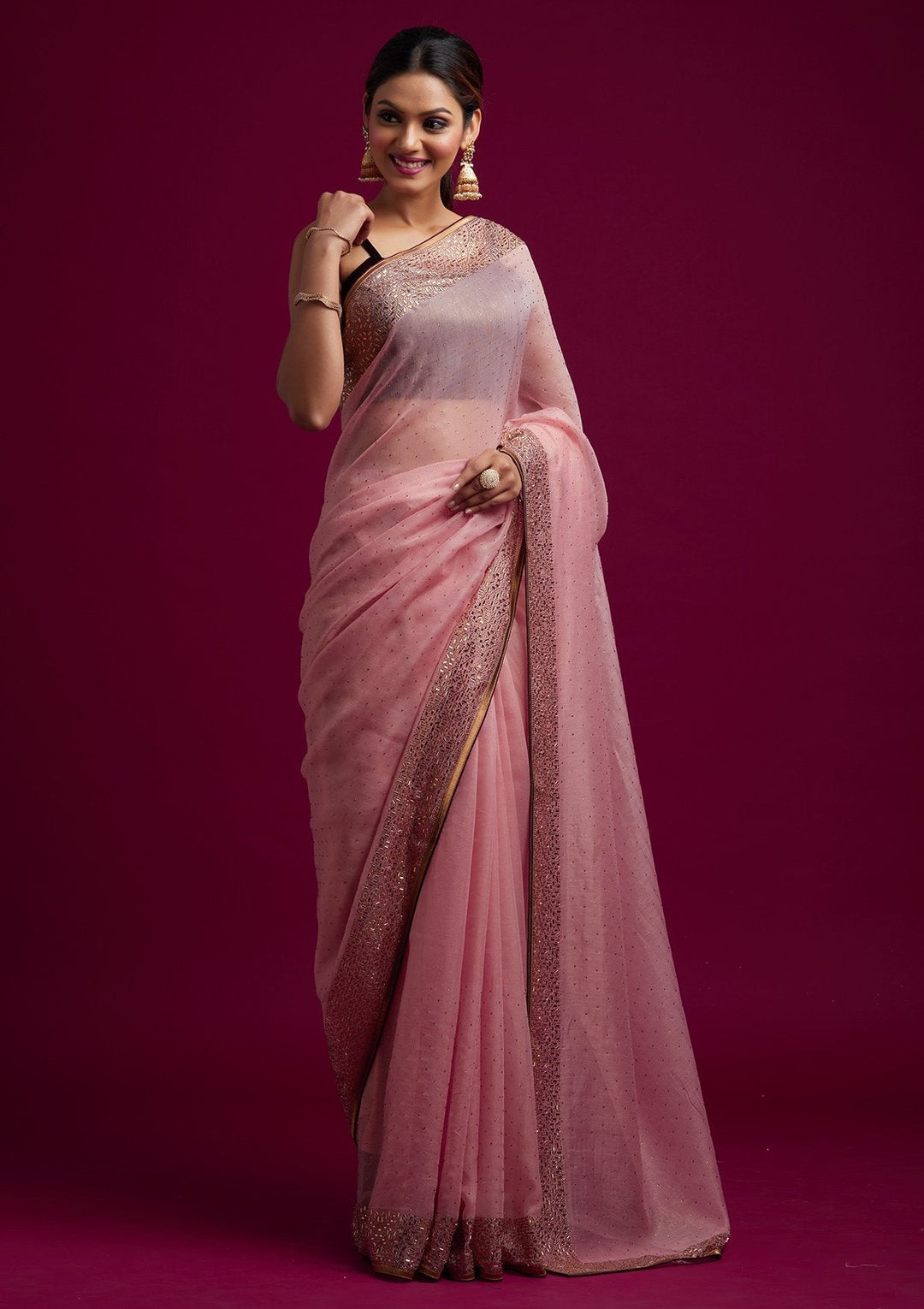 Baby Pink Swarovski Tissue Designer Saree - koskii