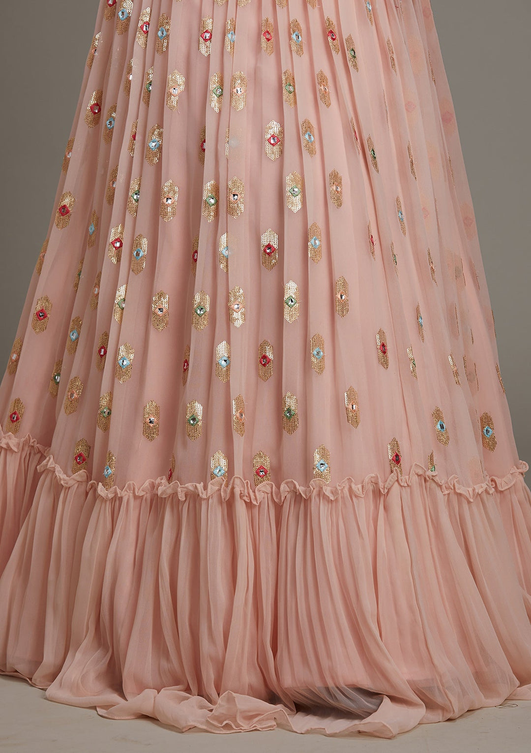 Baby Pink Threadwork Chiffon Lehenga-Koskii