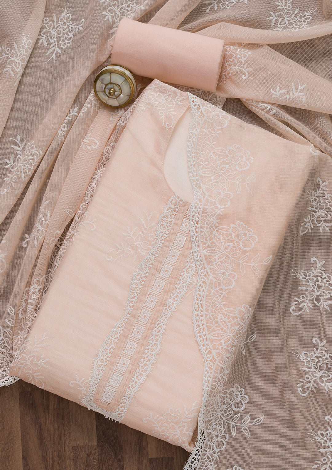 Baby Pink Threadwork Cotton Semi-Stitched Salwar Suit-Koskii