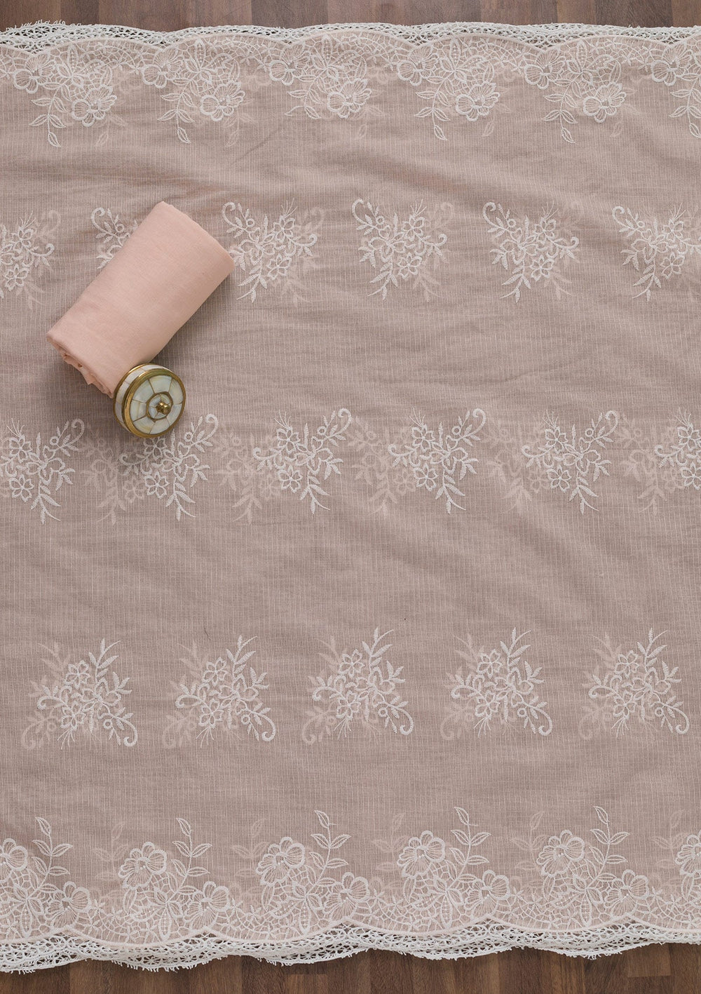 Baby Pink Threadwork Cotton Semi-Stitched Salwar Suit-Koskii