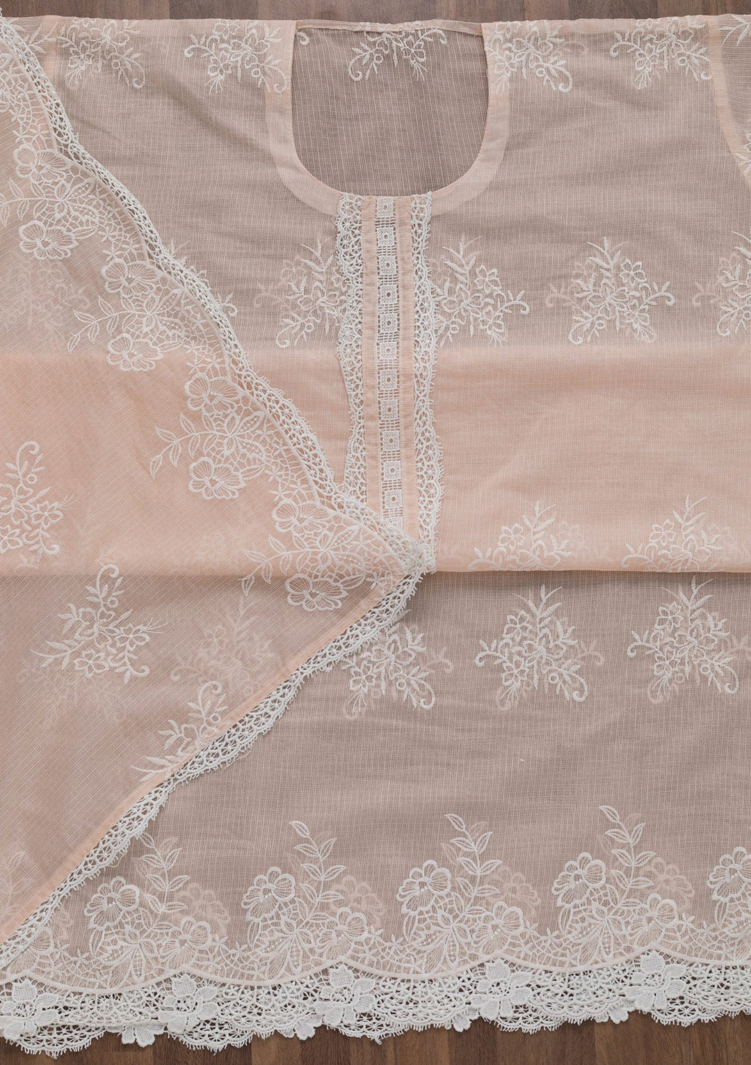 Baby Pink Threadwork Cotton Semi-Stitched Salwar Suit-Koskii
