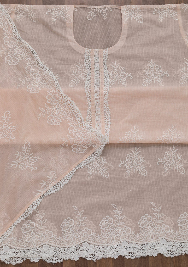 Baby Pink Threadwork Cotton Semi-Stitched Salwar Suit-Koskii