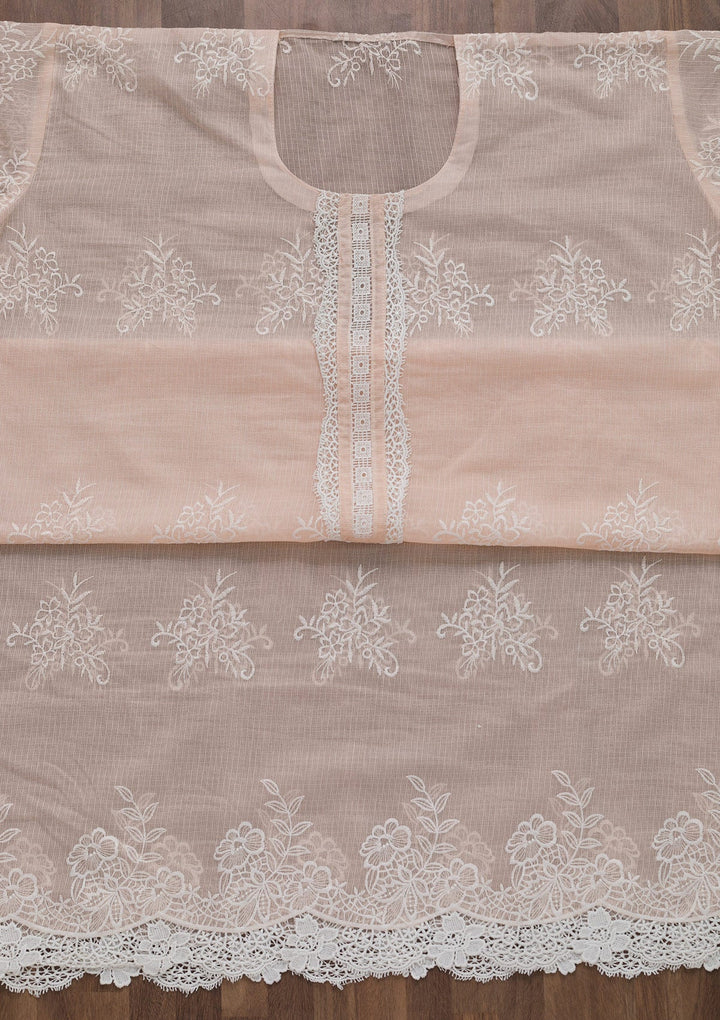 Baby Pink Threadwork Cotton Semi-Stitched Salwar Suit-Koskii