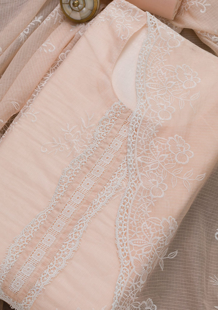 Baby Pink Threadwork Cotton Semi-Stitched Salwar Suit-Koskii