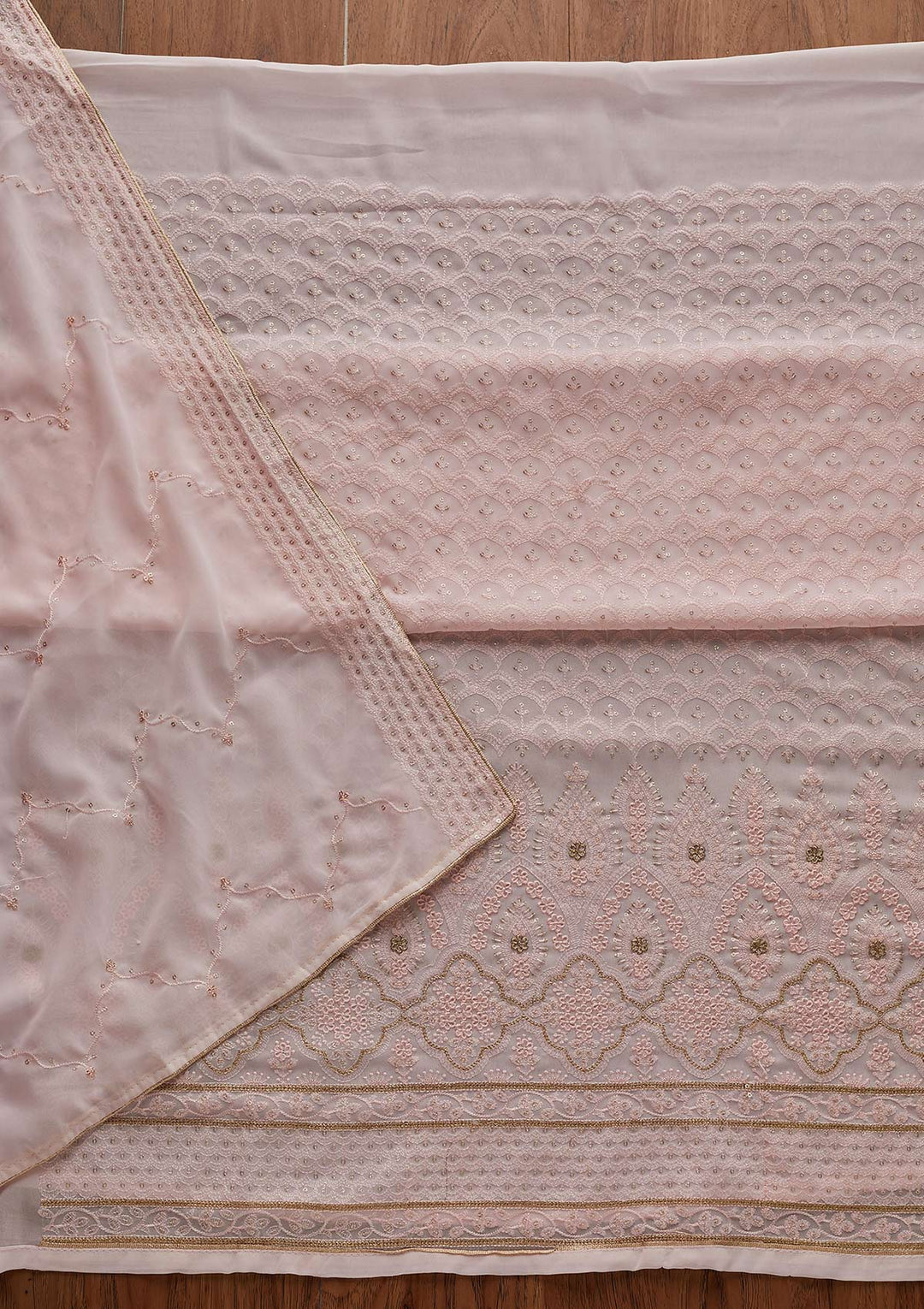 Baby Pink Threadwork Georgette Designer Semi-Stitched Salwar Suit - Koskii