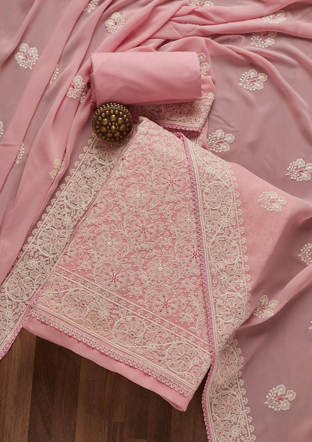 Baby Pink Threadwork Georgette Semi-Stitched Salwar Suit- Koskii