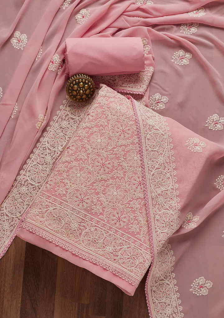 Baby Pink Threadwork Georgette Semi-Stitched Salwar Suit- Koskii