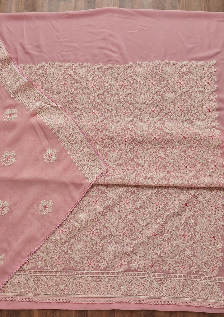Baby Pink Threadwork Georgette Semi-Stitched Salwar Suit - Koskii