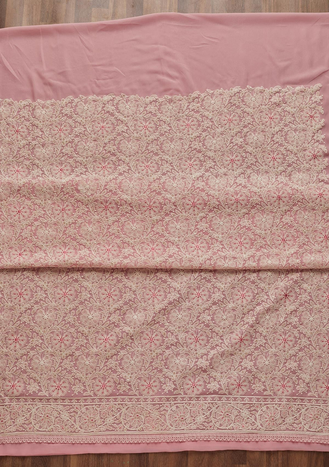Baby Pink Threadwork Georgette Semi-Stitched Salwar Suit - Koskii