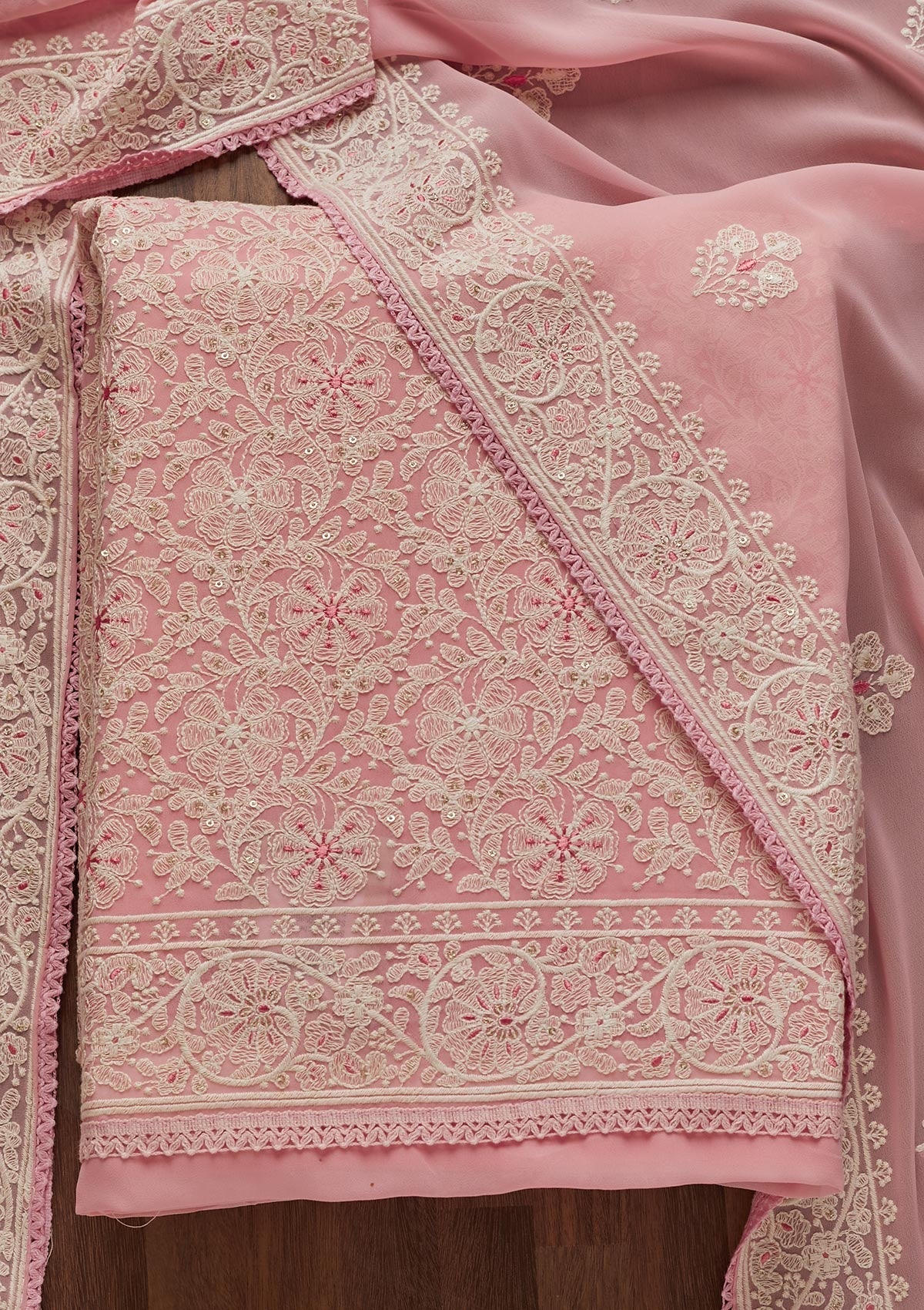 Baby Pink Threadwork Georgette Semi-Stitched Salwar Suit - Koskii