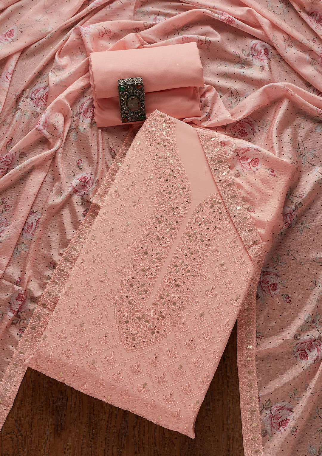 Baby Pink Threadwork Georgette Designer Unstitched Salwar Suit - koskii