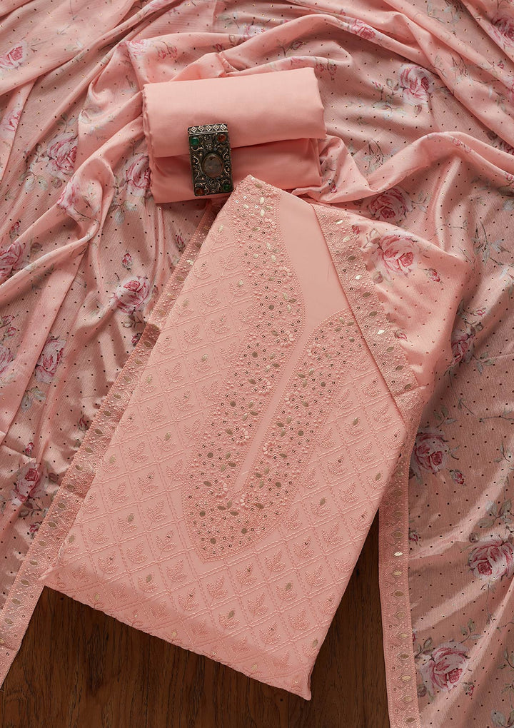 Baby Pink Threadwork Georgette Designer Unstitched Salwar Suit - koskii