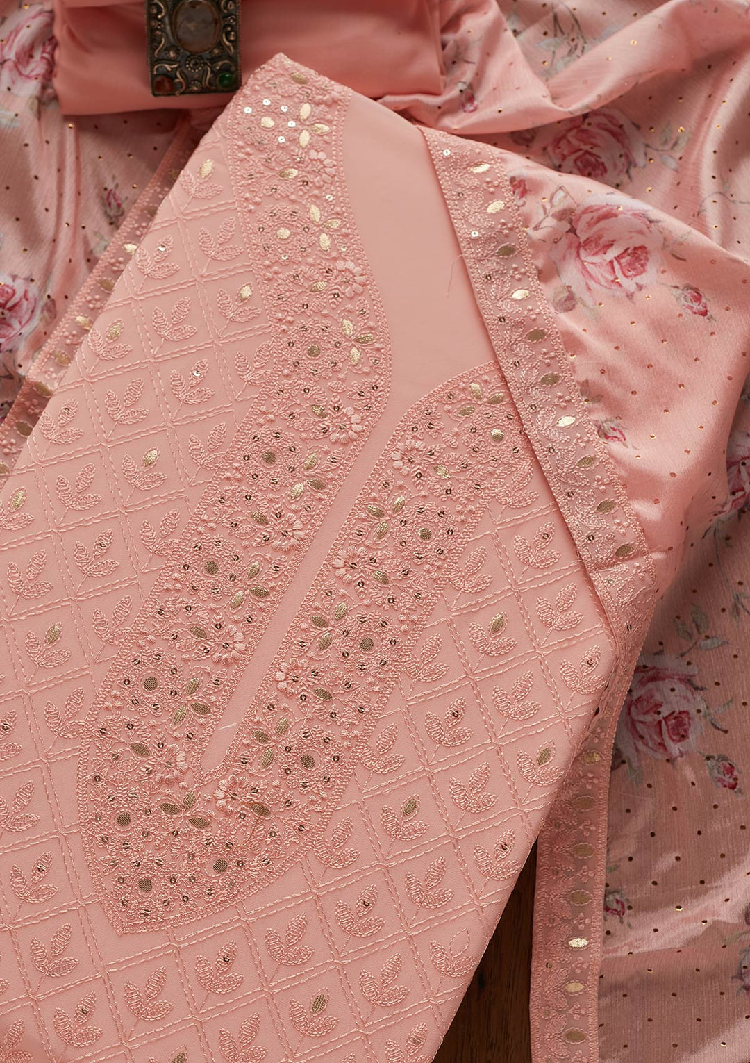 Baby Pink Threadwork Georgette Designer Unstitched Salwar Suit - koskii